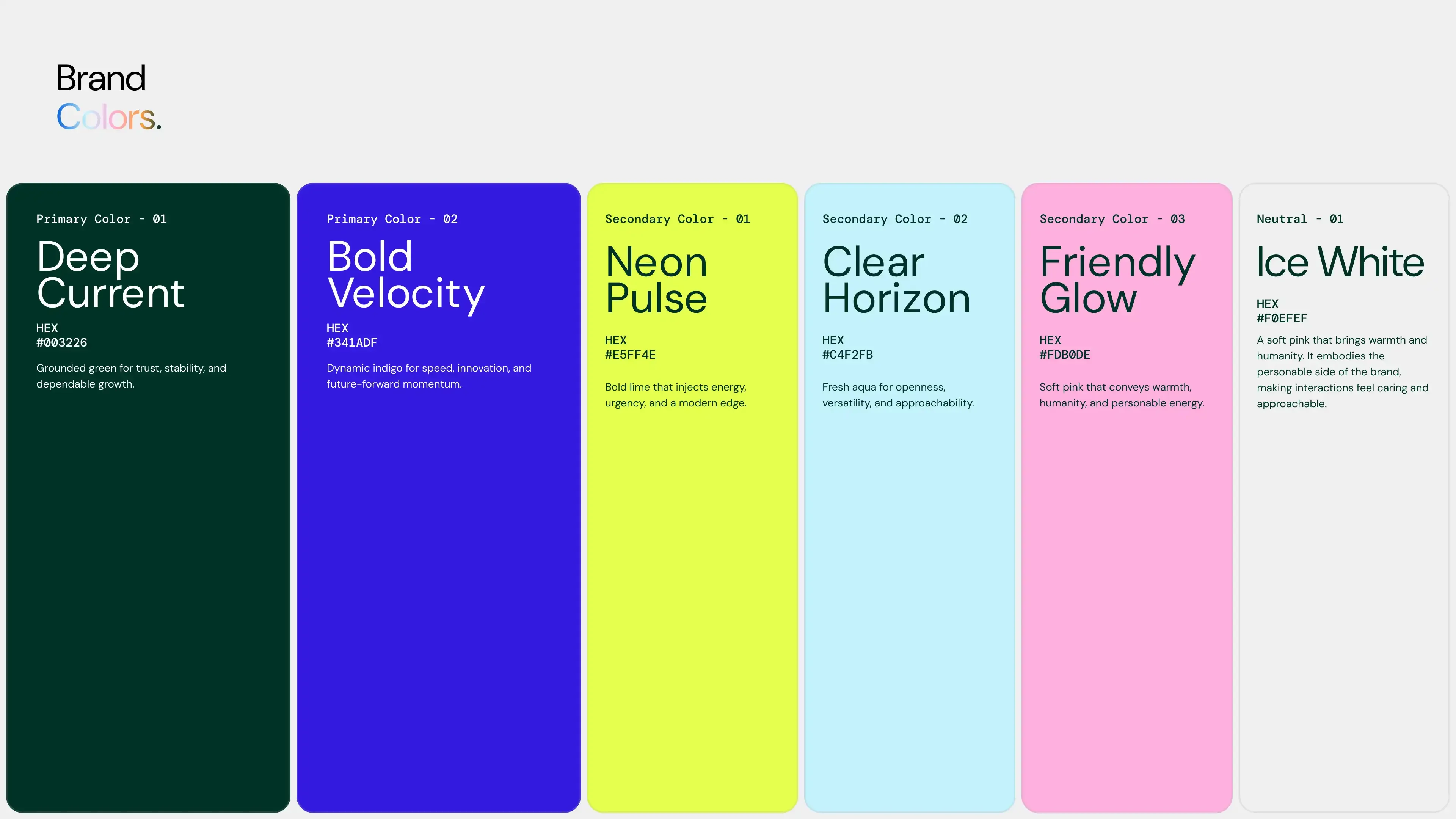 Brand colors: Deep Current, Bold Velocity, Neon Pulse, Clear Horizon, Friendly Glow, Ice White