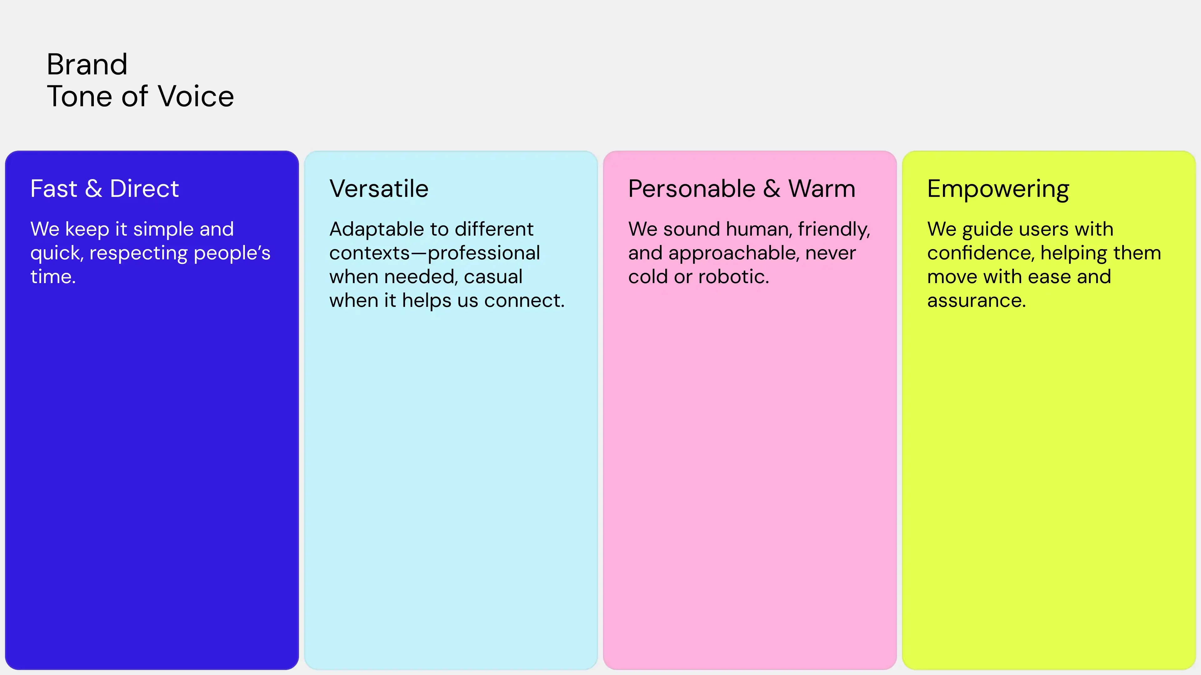 Tone of voice: fast and direct, versatile, personable and warm, empowering