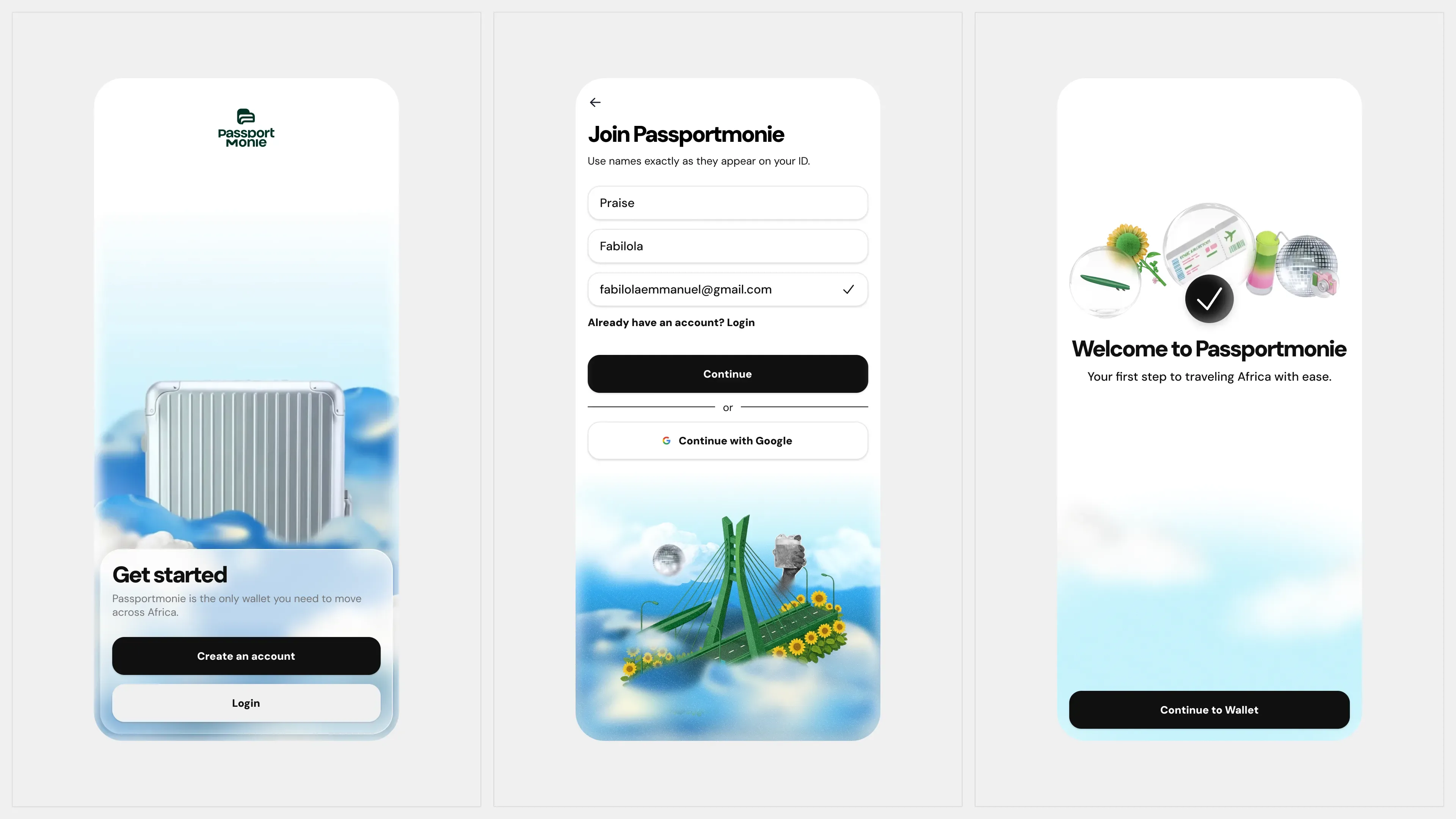Onboarding screens carrying the illustrated system
