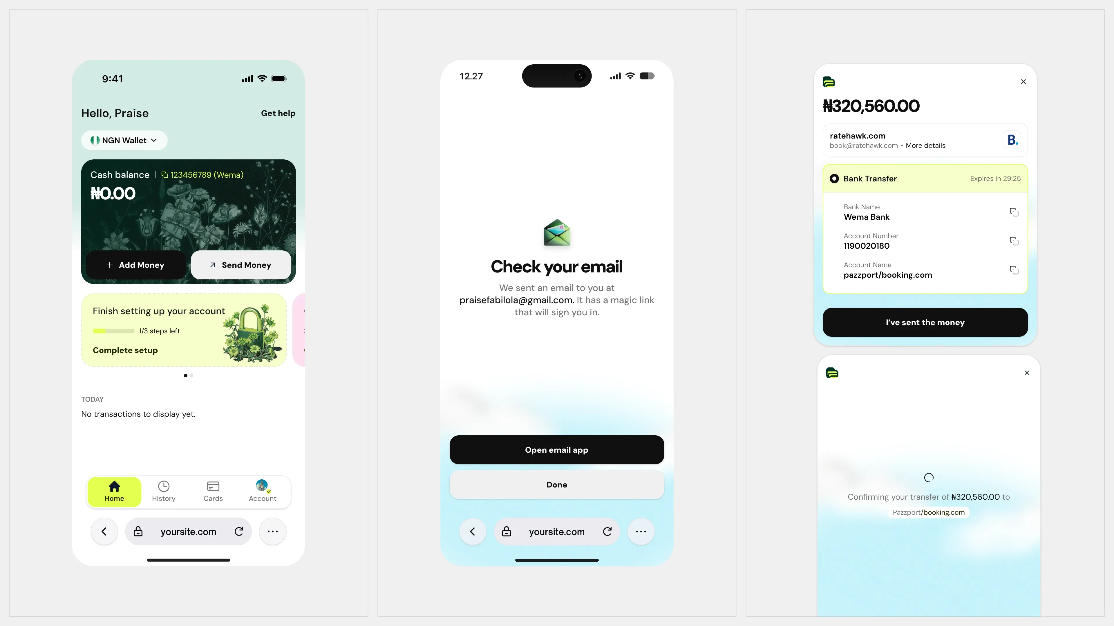 Product screens with wallet card backgrounds and setup banners