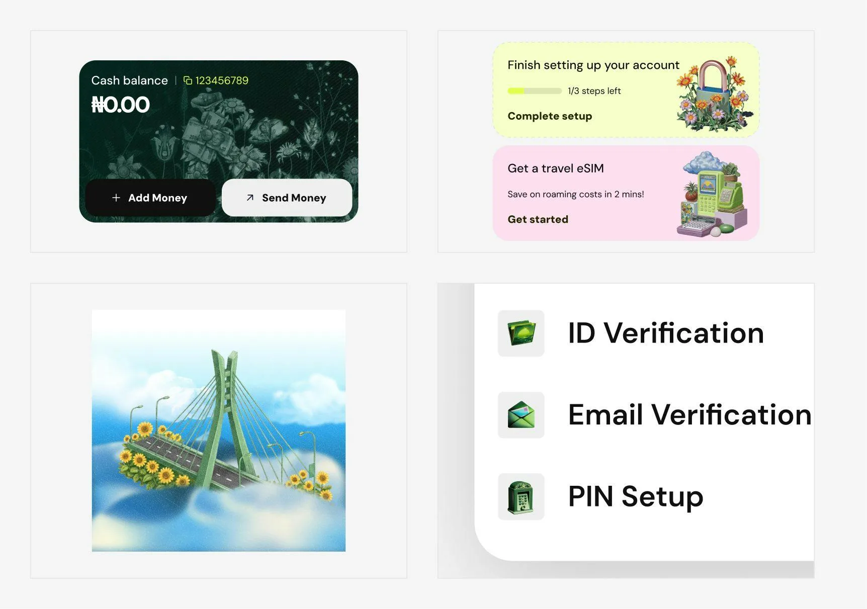 AI illustration in the live product: wallet card, setup banners, and the Carter Bridge on clouds