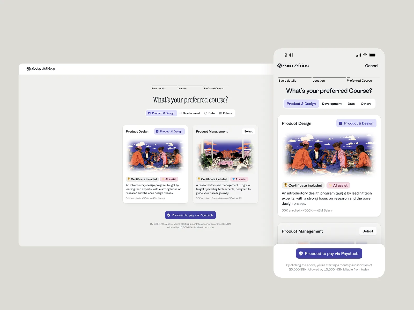 Choosing a course during onboarding, on desktop and mobile
