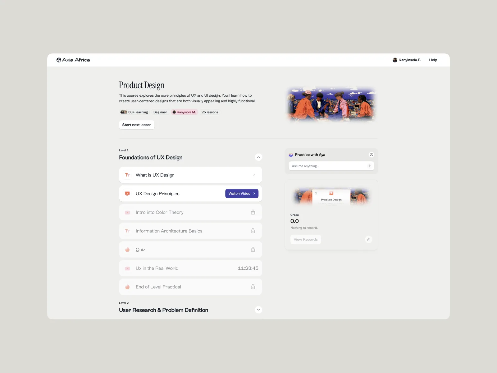 A course page: levels, lessons, a practice assistant and the student grade