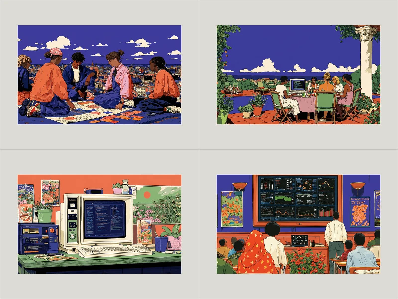 Four Midjourney illustrations: students on a rooftop, a terrace class around a laptop, a retro computer desk, a classroom facing a data wall