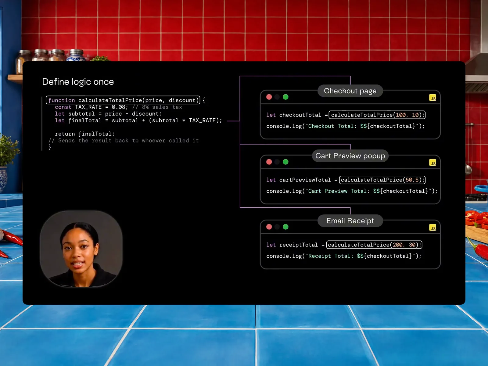 An AI talking-head lesson with a motion-designed code explainer