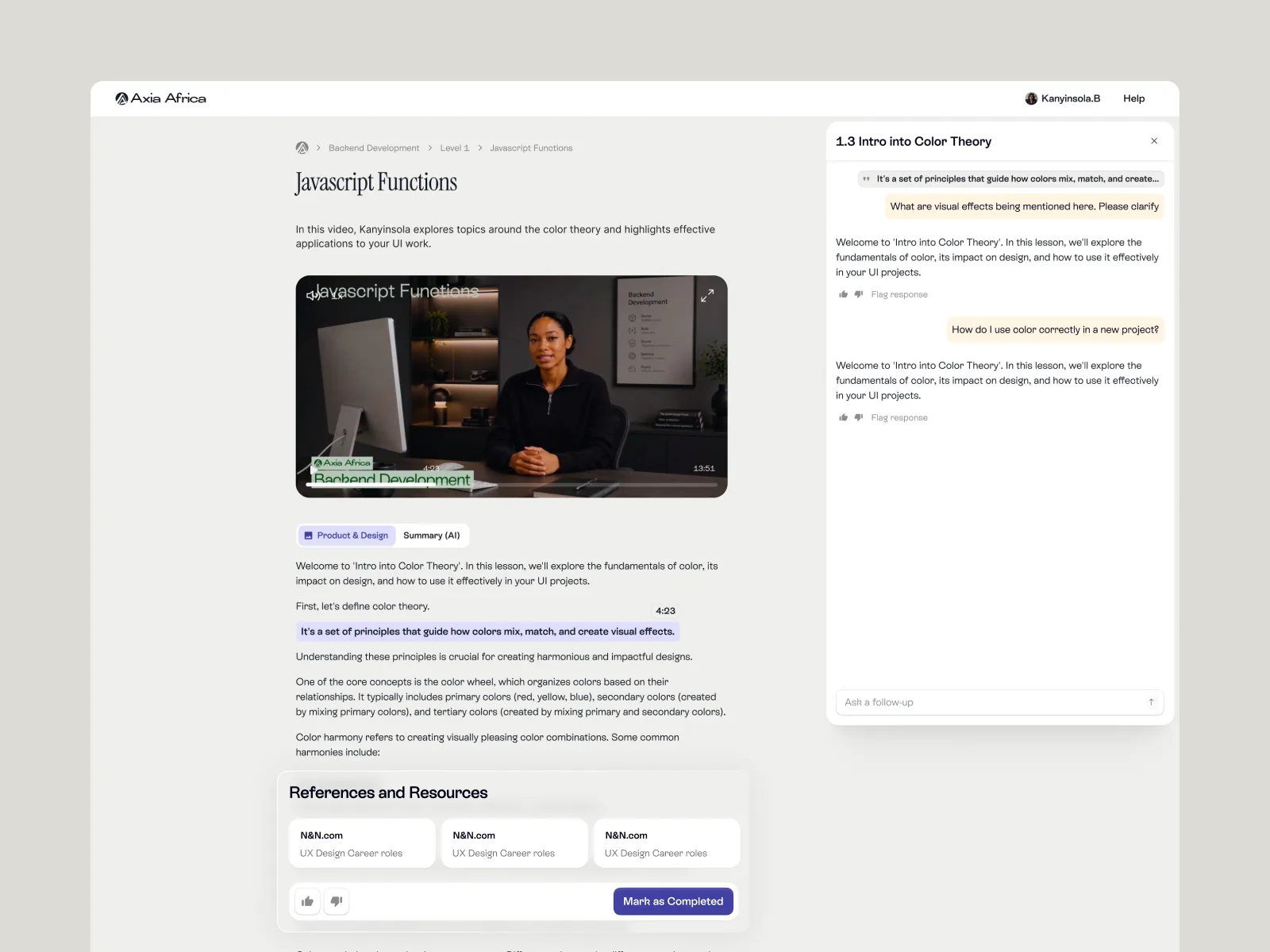 The lesson page: talking-head video, AI summary with a timestamped transcript, and a follow-up assistant