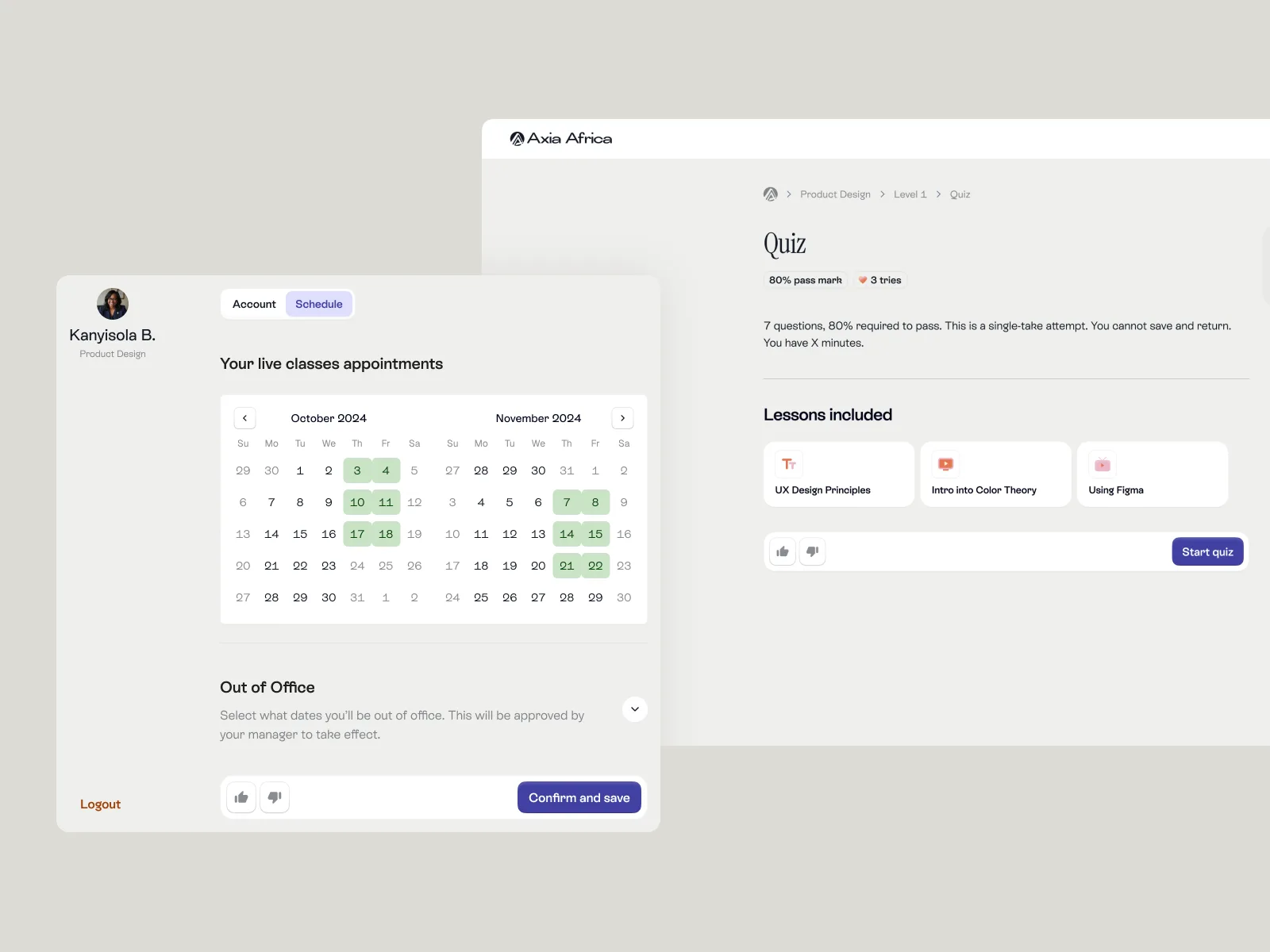 A mentor schedule of live classes with out-of-office dates, beside a quiz page