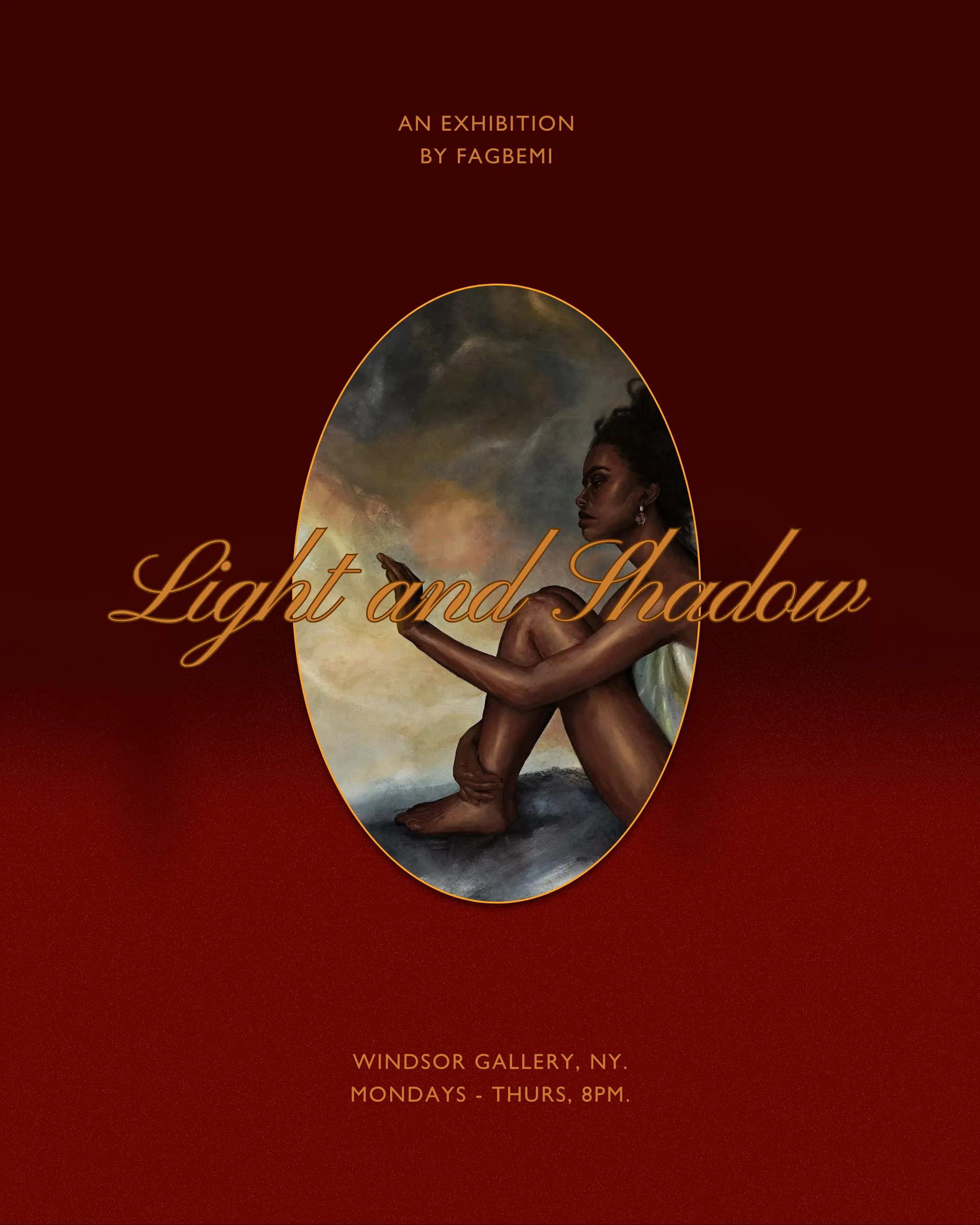 Light and Shadow: an exhibition poster in garnet and gold, the monogram set over an oval portrait