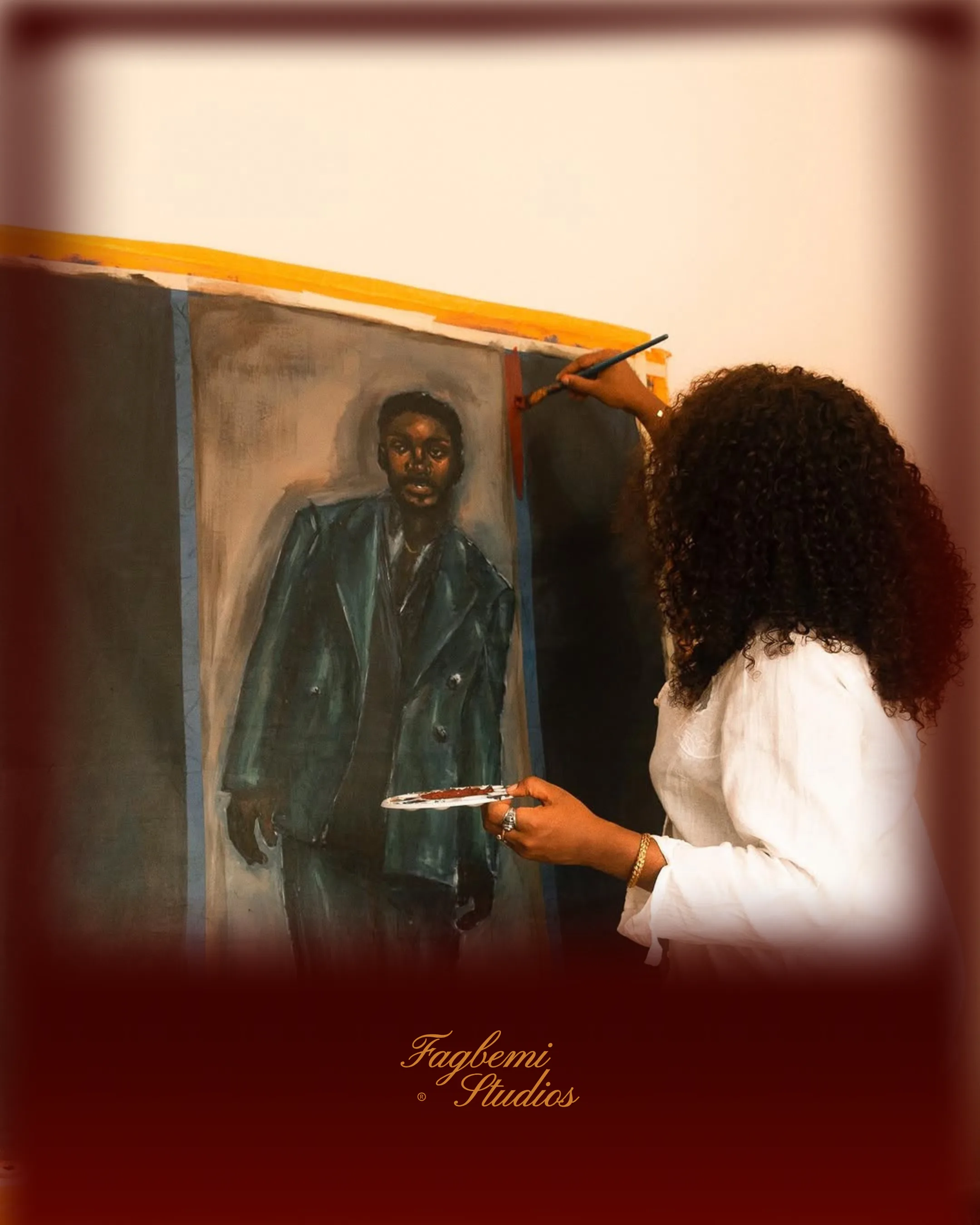 The artist at the easel, a portrait in progress under available light