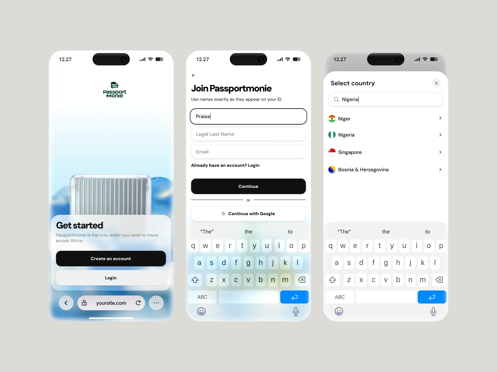 Onboarding: get started, join with your legal name, and pick a country