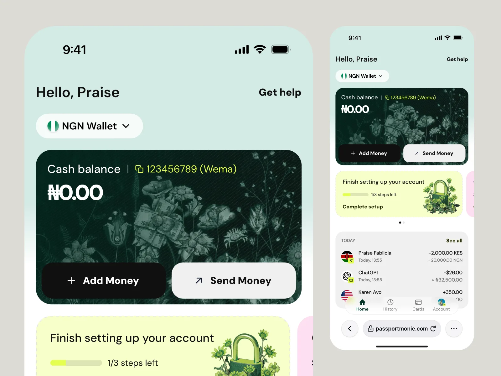 The home screen: wallet balance on the illustrated card, setup progress and recent transactions
