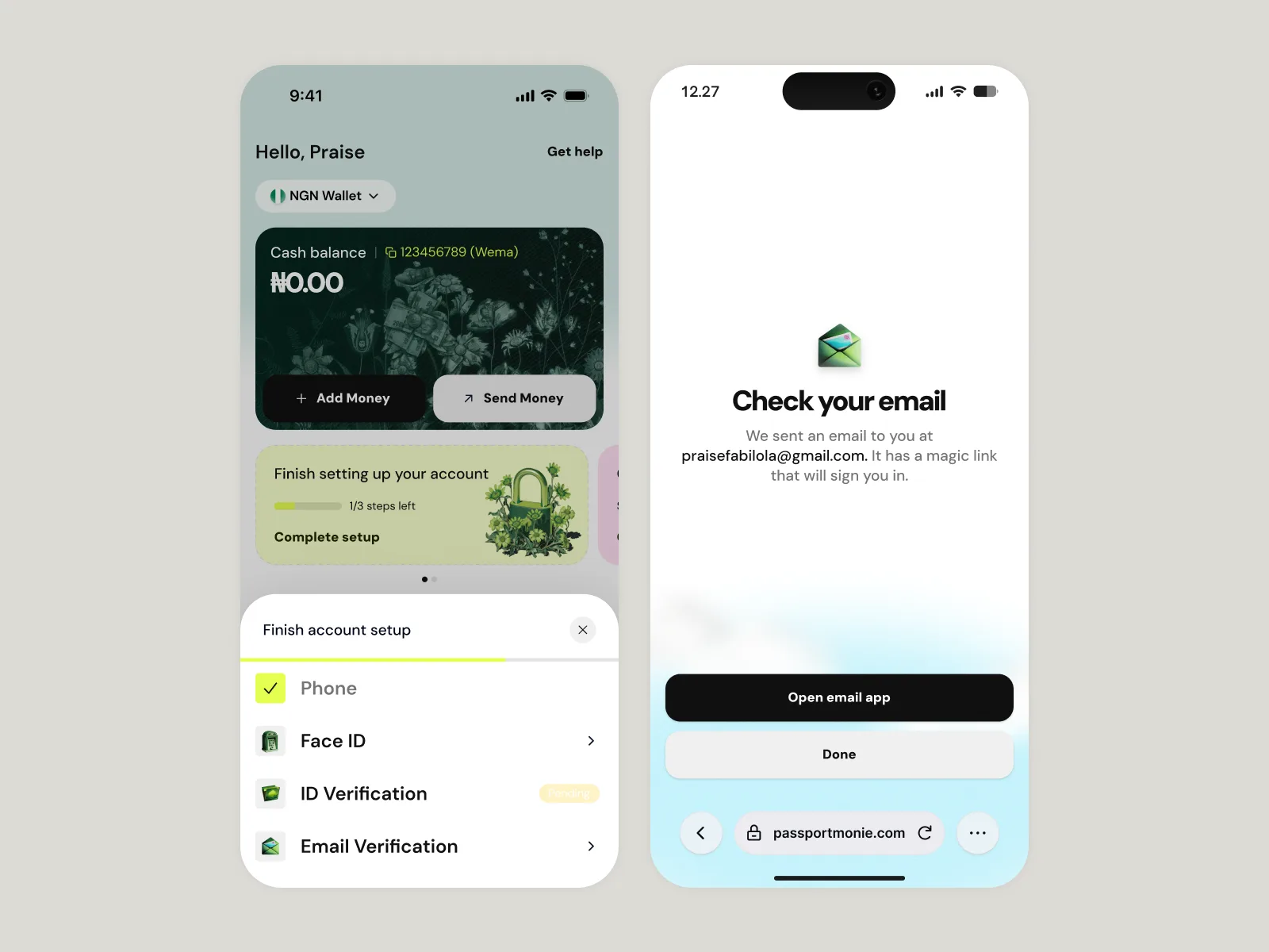 Finishing account setup: the verification checklist and the magic-link email screen
