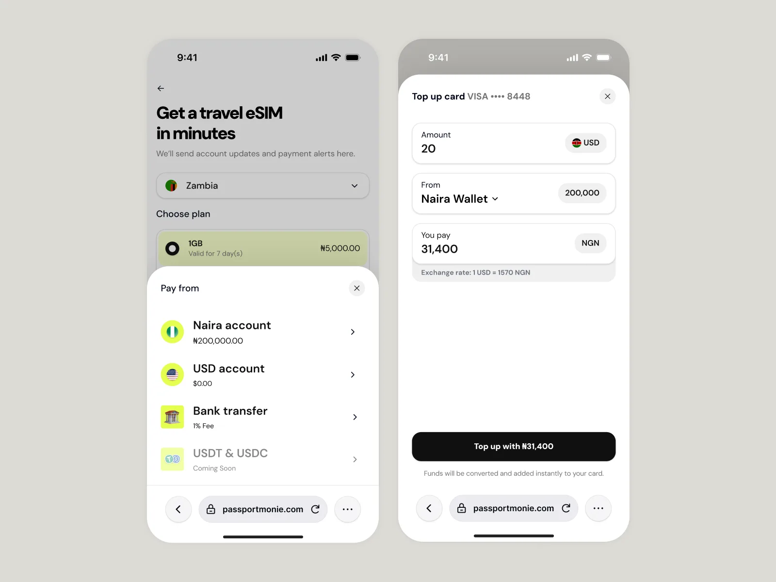 Paying for a travel eSIM from a wallet, and topping up a card with the exchange rate shown