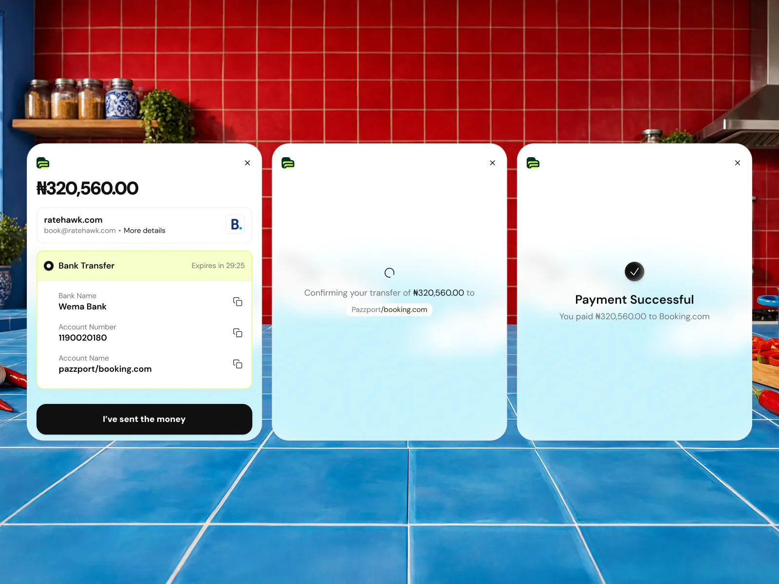 Paying a booking by bank transfer: payment details, confirmation, and success